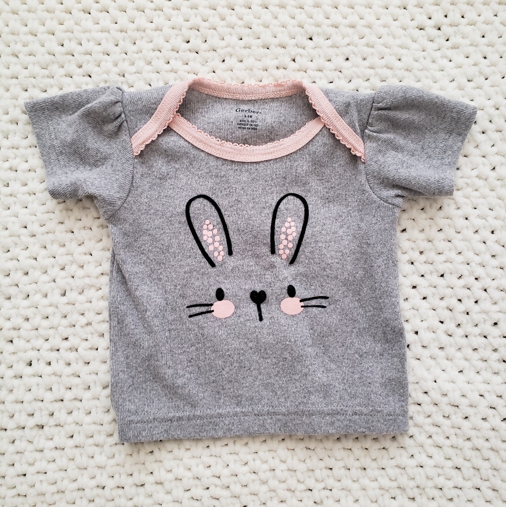 Baby girl gray/pink short sleeve bunny top 6-9M